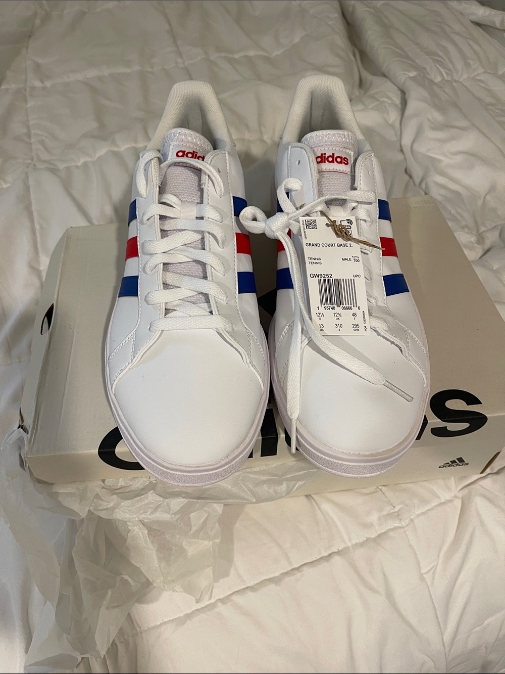 adidas White Sneakers with Blue and Red Stripes